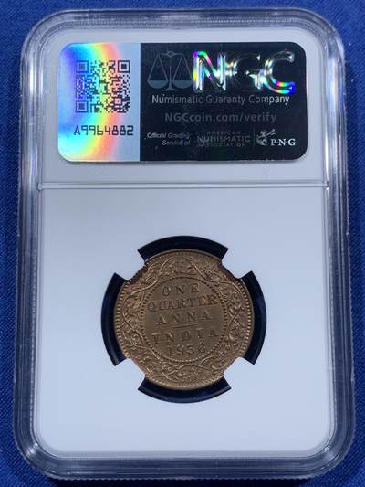 《竞宝斋》第409场 周日，周一，2场连拍 （全场包邮） NGC MS64BN 1936印度1/4安娜铜币 卷拆送评的 绝对低评 性价比很高 底板很好 划痕极少 真正的未使用