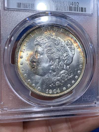 《竞宝斋》第409场 周日，周一，2场连拍 （全场包邮） PCGS MS62 美国1904-O 摩根银币 正反面环状五彩包浆