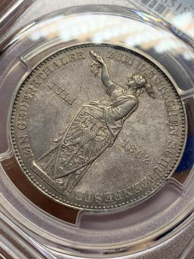 《竞宝斋》第409场 周日，周一，2场连拍 （全场包邮） PCGS PR63 1862年德意志法兰克福精制射击节泰勒，迄今为止精制射击节泰勒在N、P数据库中记录不超过10枚。醇厚的巧克力色包浆与紫罗兰淡彩相得益彰