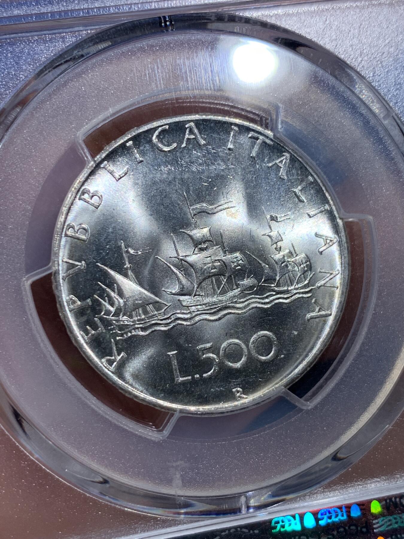 《竞宝斋》第409场 周日，周一，2场连拍 （全场包邮） PCGS MS65 意大利 1967年 500里拉 帆船少女银币
