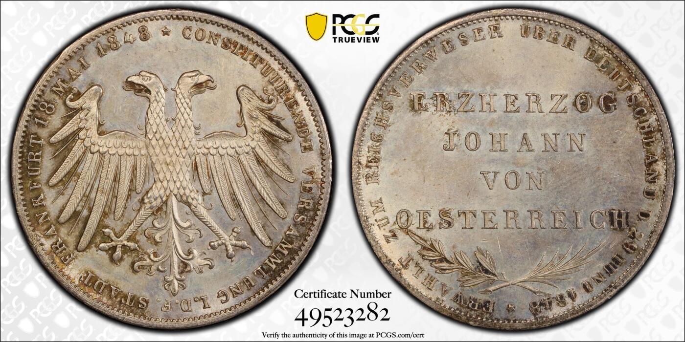 万国钱币拍卖第051期 PCGS MS62 1848德国法兰克福自由市宪法纪念2古尔登银币 经典双头鹰设计 原味淡彩好品