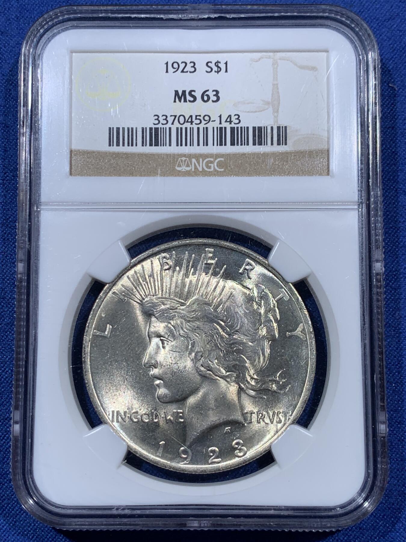 《竞宝斋》第409场 周日，周一，2场连拍 （全场包邮） NGC MS63 美国1923年和平一元银币