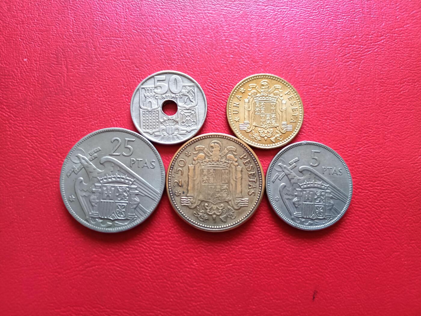 【云涧收藏】第五十四场 西班牙弗朗哥50分、1、2.5、5、25比塞塔5枚