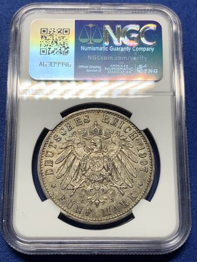 《竞宝斋》第409场 周日，周一，2场连拍 （全场包邮） NGC AU50 德国1907年普鲁士威廉二世5马克银币
