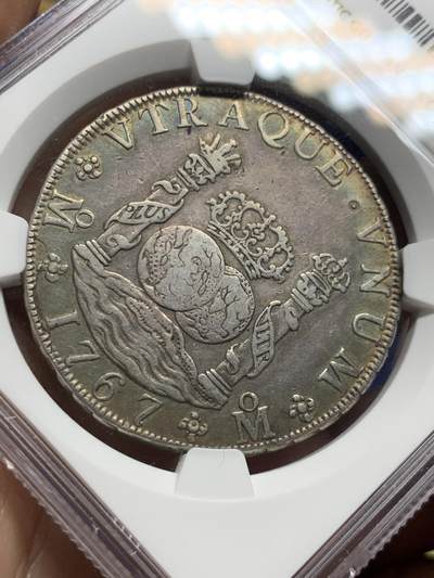 《竞宝斋》第409场 周日，周一，2场连拍 （全场包邮） NGC XF 墨西哥 1767年MO MF 地球双柱大银币 老包浆细节佳状态好