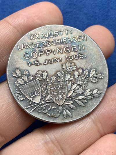 《竞宝斋》第409场 周日，周一，2场连拍 （全场包邮） 德国1905年戈平根射击节银章 顶部吊环移除 23.7克 40.3mm