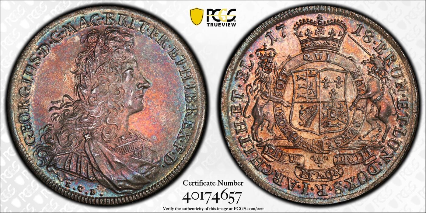 万国钱币拍卖第051期 NGC MS64 1718布伦瑞克-吕纳堡-汉诺威狮马盾徽大泰勒 极其罕见的一枚英系泰勒 正面君主为汉诺威选帝侯同时也是英国汉诺威王朝的第一位国王乔治一世 而这位英语不太流利的国王只能任命大臣替他处理政务 由此也成为了英国首相一职的开端 经典汉诺威狮马纹章 极其绚丽的欧陆五彩 一枚英德双修的顶级藏品 PC唯一冠军分
