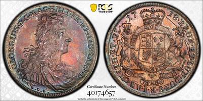 万国钱币拍卖第051期 - NGC MS64 1718布伦瑞克-吕纳堡-汉诺威狮马盾徽大泰勒 极其罕见的一枚英系泰勒 正面君主为汉诺威选帝侯同时也是英国汉诺威王朝的第一位国王乔治一世 而这位英语不太流利的国王只能任命大臣替他处理政务 由此也成为了英国首相一职的开端 经典汉诺威狮马纹章 极其绚丽的欧陆五彩 一枚英德双修的顶级藏品 PC唯一冠军分