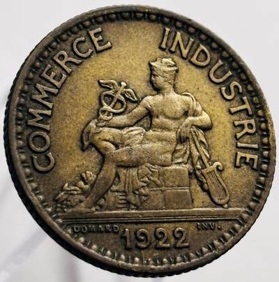 文馨钱币收藏第 267 场，长期接收代拍品 - 美品 1922 年法国商务部坐洋拿花 1 法郎铜币