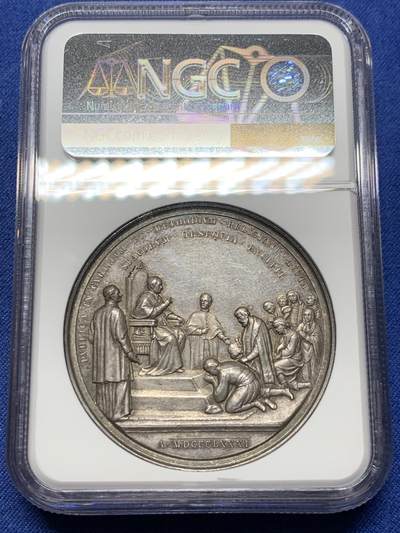 《竞宝斋》第409场 周日，周一，2场连拍 （全场包邮） NGC MS62 1883 梵蒂冈LEO十三世大主教朝圣大银章，加厚盒，人物雕刻生动，高浮雕，十分精美，少见品