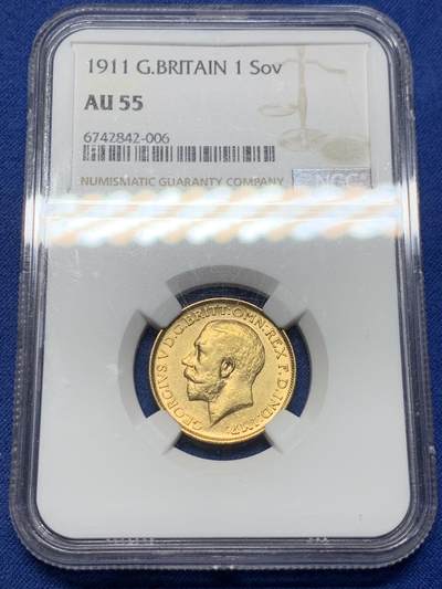 《竞宝斋》第409场 周日，周一，2场连拍 （全场包邮） - NGC AU55 英国1911年乔治五世1索维林金币 8克 917金