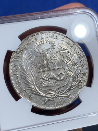 《竞宝斋》第409场 周日，周一，2场连拍 （全场包邮） NGC AU 1934 秘鲁 一索尔 银币 老包浆