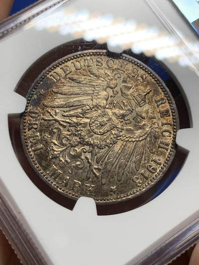 《竞宝斋》第409场 周日，周一，2场连拍 （全场包邮） NGC UNC 1913 德国汉堡3马克银币