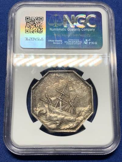 《竞宝斋》第409场 周日，周一，2场连拍 （全场包邮） NGC AU58 法国1832-1841年海洋保险公司海妖八角银质代用币银章 油灯边铭 新版法国八角代用币目录封面同款
