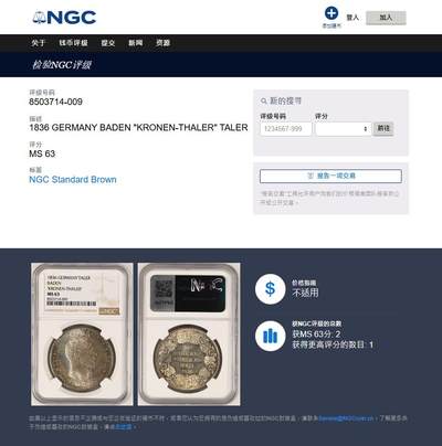 《竞宝斋》第409场 周日，周一，2场连拍 （全场包邮） 亚军分 NGC MS63 德国 1836年 巴登利奥波德关税同盟大泰勒 铸造量只有1.8万枚左右，顶级收藏分数