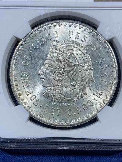 《竞宝斋》第409场 周日，周一，2场连拍 （全场包邮） NGC MS65 墨西哥1948年玛雅酋长5比索大银币 卷拆原光