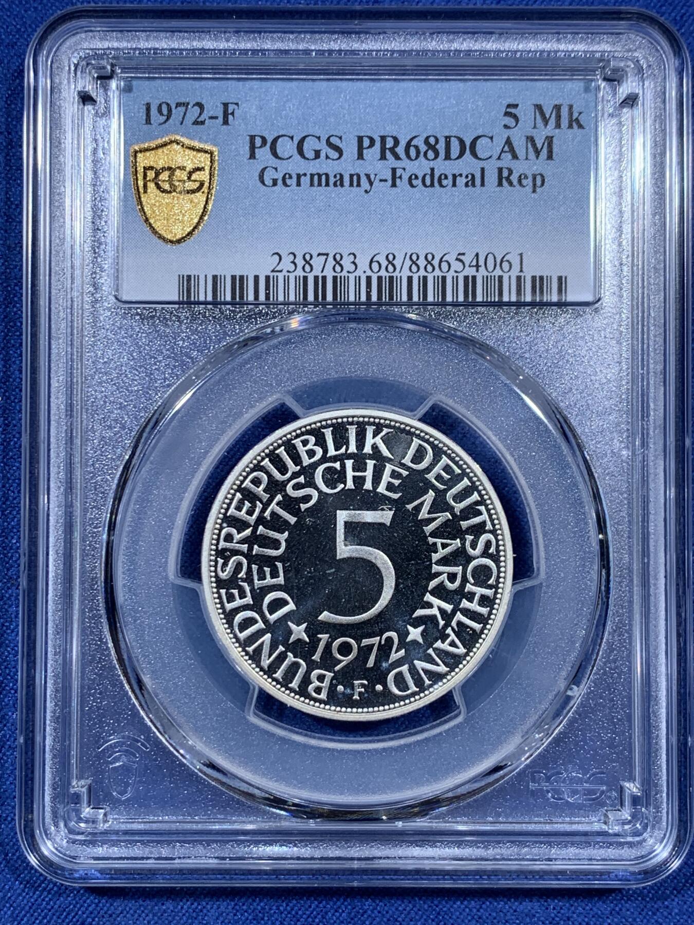 《竞宝斋》第409场 周日，周一，2场连拍 （全场包邮） 亚军分 PCGS RP68DCAM 德国 1972年F无毛鹰 流通5马克 精制银币 少见品种
