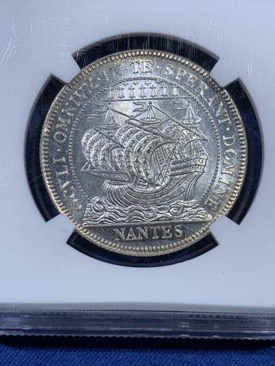 《竞宝斋》第409场 周日，周一，2场连拍 （全场包邮） NGC MS65 法国19世纪南特商会银质代用币 高分， 淡环彩顶级品相，保存如新。