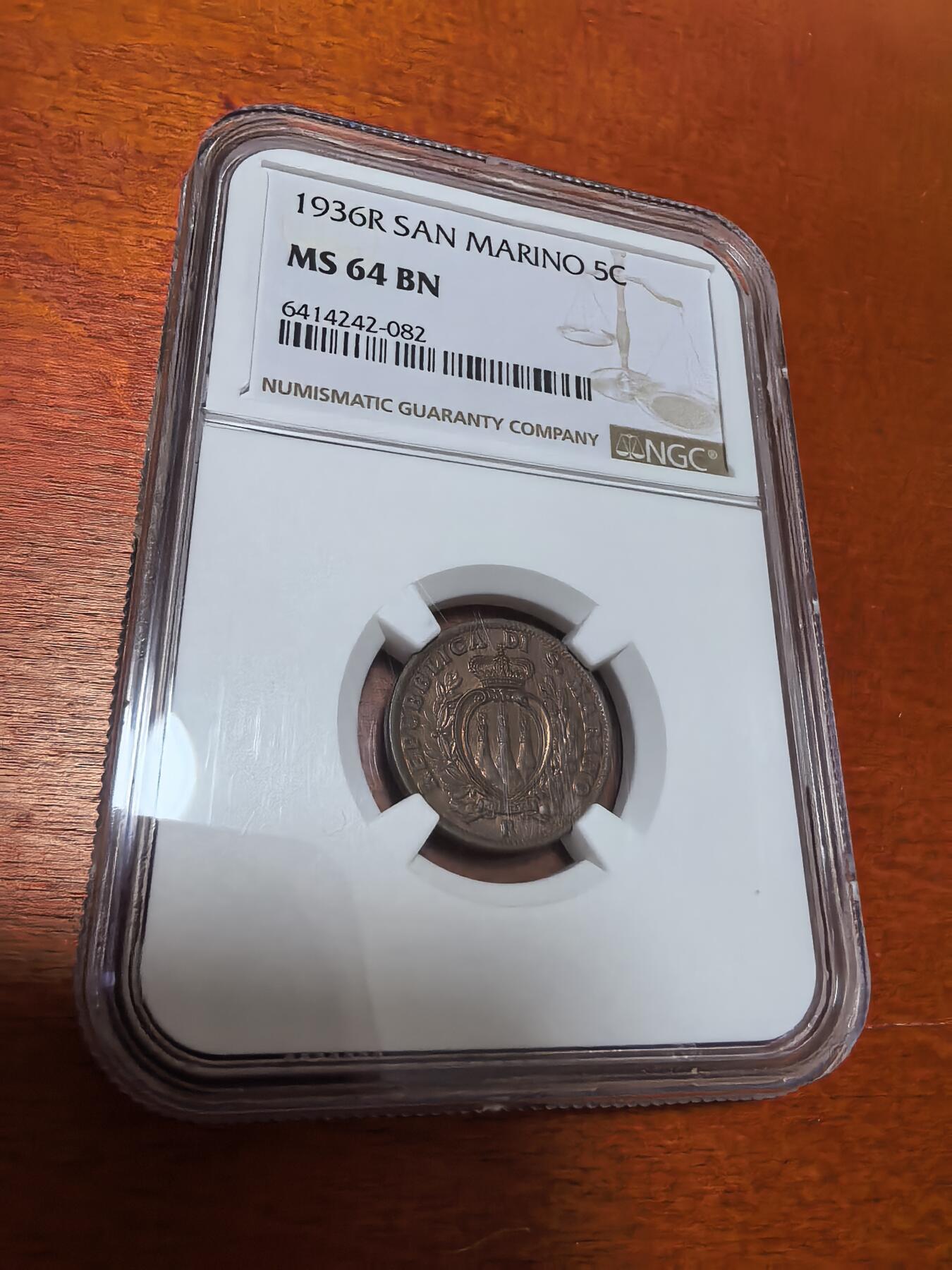 长老汇蛇年精选第三十七场拍卖 1936R 圣马力诺5分铜币，NGC MS64BN，亚军，更高2枚