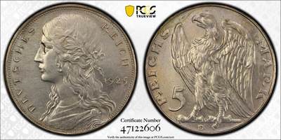 万国钱币拍卖第051期 - PCGS SP61 1925年德国魏玛共和国日耳曼尼娅女神5马克银质样币 哥茨神作之一 存世量极其稀少罕见 日耳曼尼娅女神侧面像最精细展现版本 珍惜币目录X70 镜面淡彩
