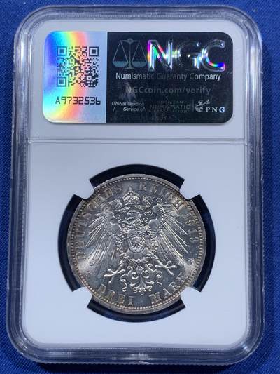 《竞宝斋》第409场 周日，周一，2场连拍 （全场包邮） NGC MS63 德国1913年普鲁士威廉二世花枝3马克银币 转光明显