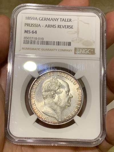《竞宝斋》第409场 周日，周一，2场连拍 （全场包邮） 亚军分 NGC MS64 德国 1859年 威廉四世 洋葱头 泰勒 银币  好分好状态