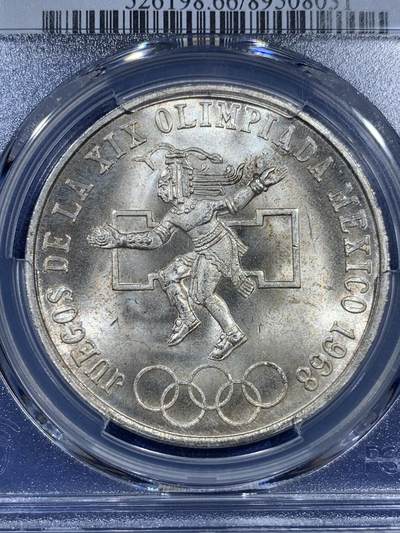 《竞宝斋》第409场 周日，周一，2场连拍 （全场包邮） PCGS MS66 墨西哥1968年25比索银币 奥运纪念 经典品种 卷拆品 两面爆光 银光赏心悦目 适合收藏