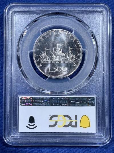 《竞宝斋》第409场 周日，周一，2场连拍 （全场包邮） PCGS MS67 意大利500里拉银币 1968文艺复兴风格少女 卷拆车轮光高分！带淡彩，PL状态！