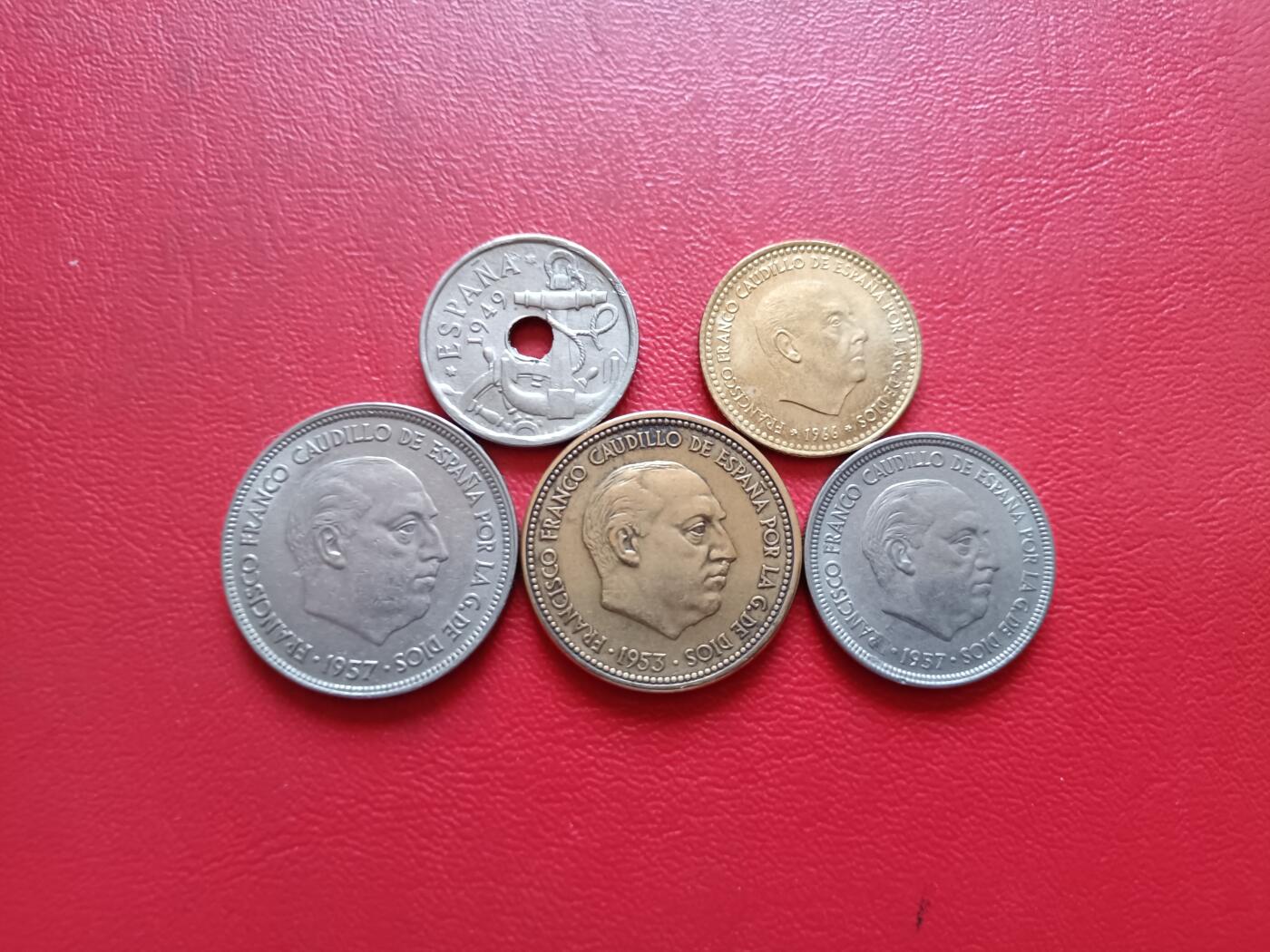 【云涧收藏】第五十四场 西班牙弗朗哥50分、1、2.5、5、25比塞塔5枚