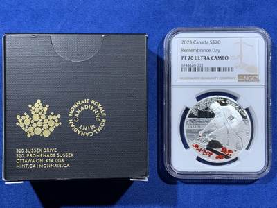 《竞宝斋》第409场 周日，周一，2场连拍 （全场包邮） NGC PF70UC 加拿大2023年荣军日彩色精制纪念银币-20加元（999纯银，38MM币径，盒证齐全，发行量7500枚）