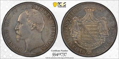 万国钱币拍卖第051期 - PCGS UNCD 1862年德国萨克森-梅宁根纹章流通1泰勒 高难小邦品种 典型欧洲淡五彩包浆