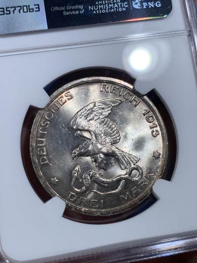《竞宝斋》第409场 周日，周一，2场连拍 （全场包邮） NGC MS63 德国普鲁士1913A战胜拿破仑3马克银币 美丽炫彩包浆