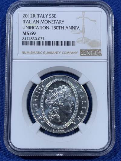 《竞宝斋》第409场 周日，周一，2场连拍 （全场包邮） NGC MS69 意大利2012年发行的里拉的诞生（货币统一150周年）5欧元纪念银币（盒证齐全，限量7千枚，18克925银，32MM）