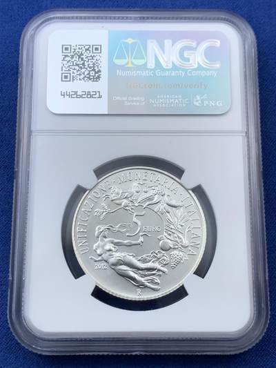 《竞宝斋》第409场 周日，周一，2场连拍 （全场包邮） NGC MS69 意大利2012年发行的里拉的诞生（货币统一150周年）5欧元纪念银币（盒证齐全，限量7千枚，18克925银，32MM）