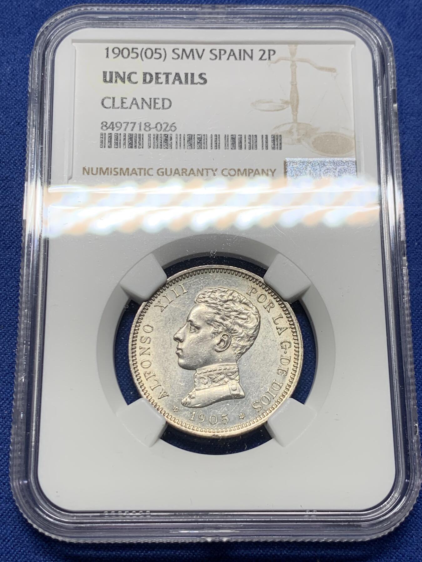 《竞宝斋》第409场 周日，周一，2场连拍 （全场包邮） NGC UNCD 西班牙1905阿方索十三世2比塞塔银币