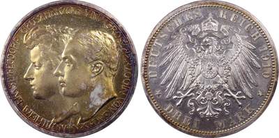 万国钱币拍卖第051期 - PCGS PR63 1910德国萨克森-魏玛-爱森纳赫结婚纪念精制长翅3马克 绚丽五彩