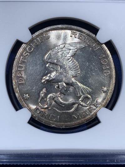 《竞宝斋》第409场 周日，周一，2场连拍 （全场包邮） NGC MS63 德国普鲁士1913A战胜拿破仑3马克银币 美丽炫彩包浆