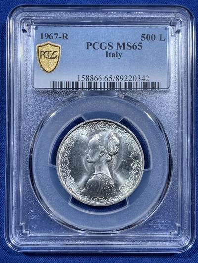 《竞宝斋》第409场 周日，周一，2场连拍 （全场包邮） - PCGS MS65 意大利 1967年 500里拉 帆船少女银币