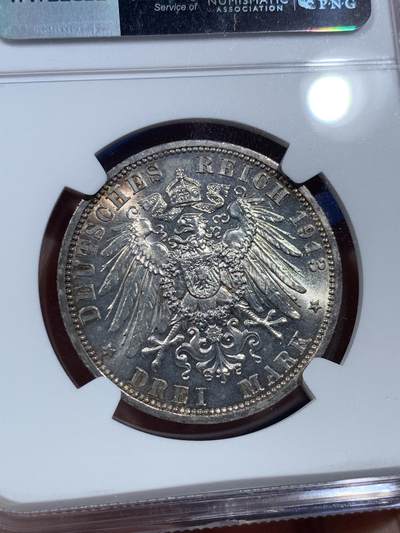 《竞宝斋》第409场 周日，周一，2场连拍 （全场包邮） NGC MS63 德国1913年普鲁士威廉二世花枝3马克银币 转光明显