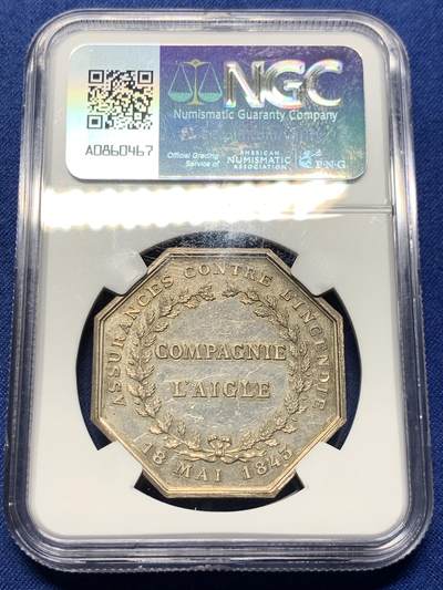 《竞宝斋》第409场 周日，周一，2场连拍 （全场包邮） NGC MS61 法国拿破仑鹰火灾保险 八角银质代币，少见款