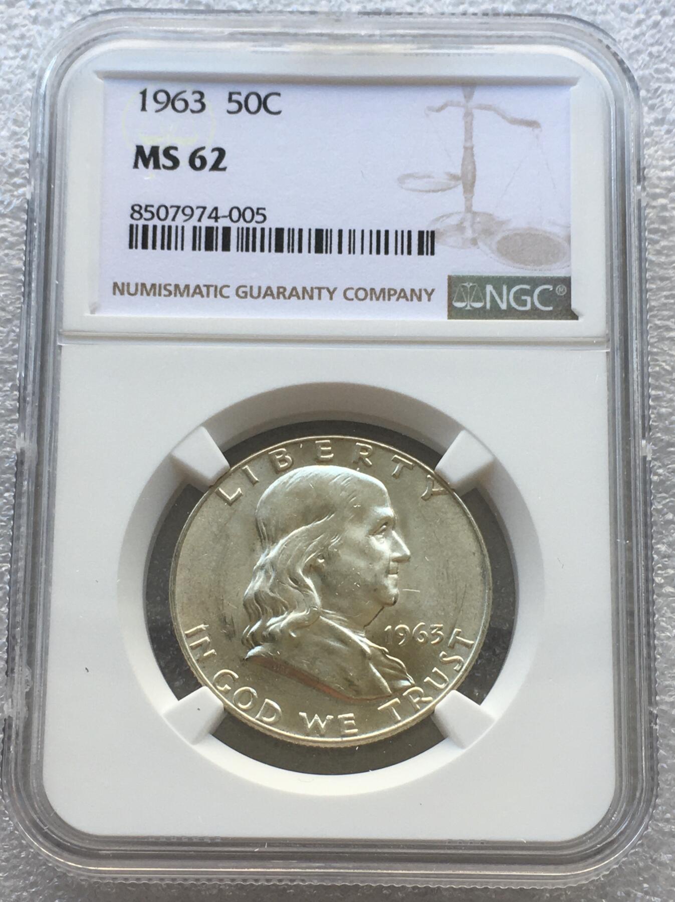 世界钱币专场拍卖 NGCMS62美国1963年富兰克林自由钟半美元银币12.5克90%银