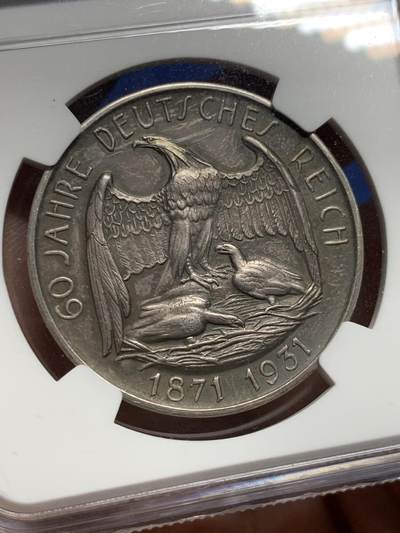 《竞宝斋》第409场 周日，周一，2场连拍 （全场包邮） NGC MS63 德国1931年俾斯麦统一德国第二帝国60周年纪念银章