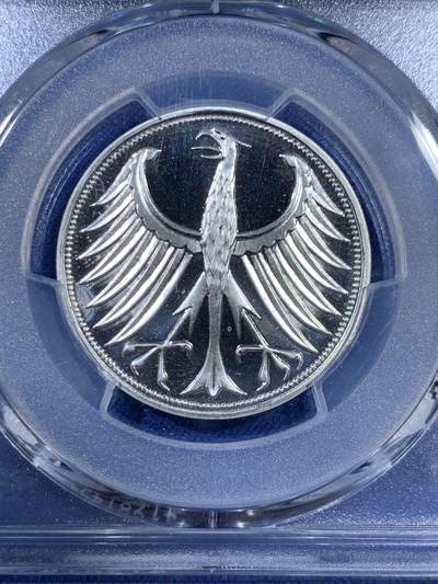 《竞宝斋》第409场 周日，周一，2场连拍 （全场包邮） 亚军分 PCGS RP68DCAM 德国 1972年F无毛鹰 流通5马克 精制银币 少见品种