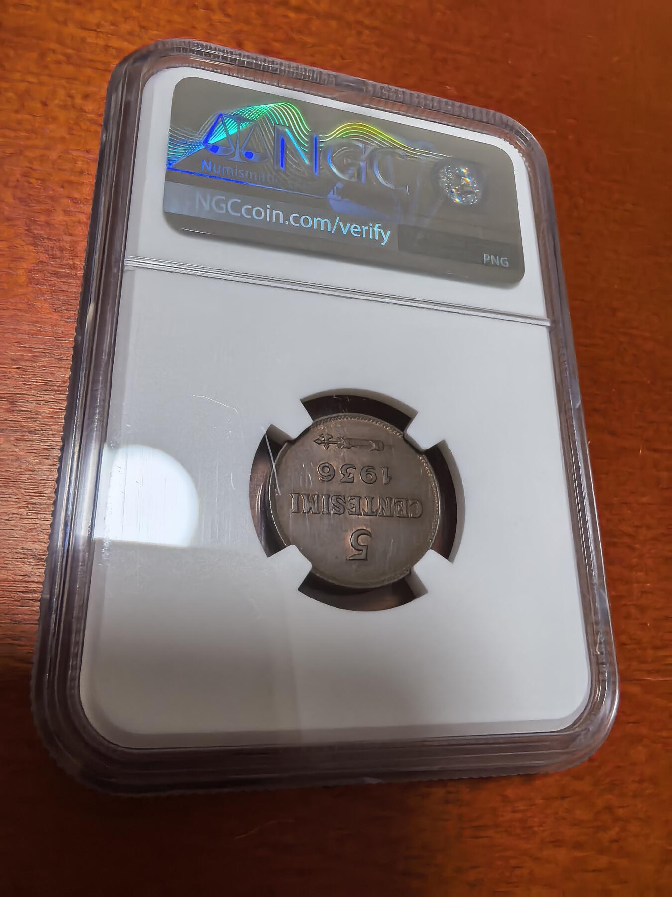 长老汇蛇年精选第三十七场拍卖 1936R 圣马力诺5分铜币，NGC MS64BN，亚军，更高2枚