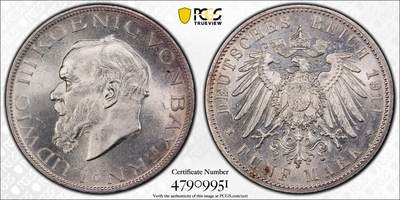 万国钱币拍卖第051期 - PCGS MS63 1914德国巴伐利亚路德维希三世流通长翅5马克 车轮转光好品相