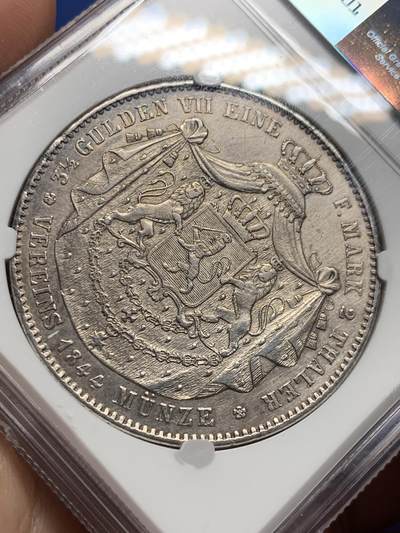 《竞宝斋》第409场 周日，周一，2场连拍 （全场包邮） NGC AU 德国 1844年 黑森达姆施塔特 2泰勒 37克大银币