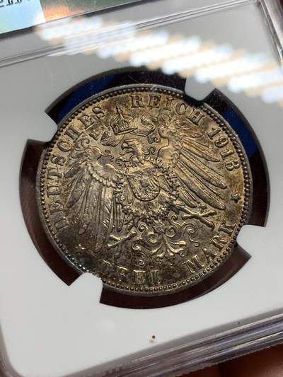《竞宝斋》第409场 周日，周一，2场连拍 （全场包邮） NGC UNC 1913 德国汉堡3马克银币