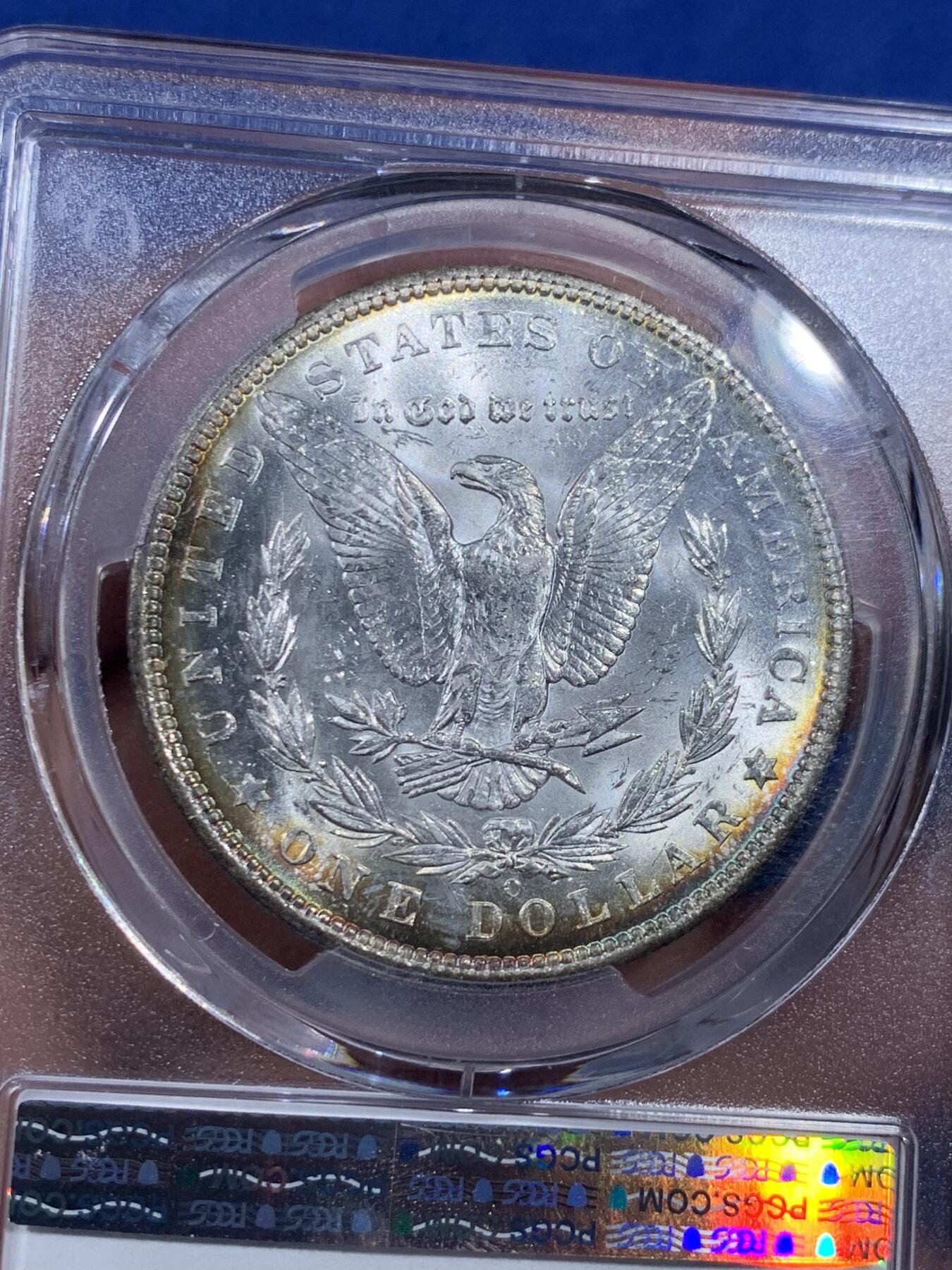 《竞宝斋》第409场 周日，周一，2场连拍 （全场包邮） PCGS MS62 美国1904-O 摩根银币 正反面环状五彩包浆