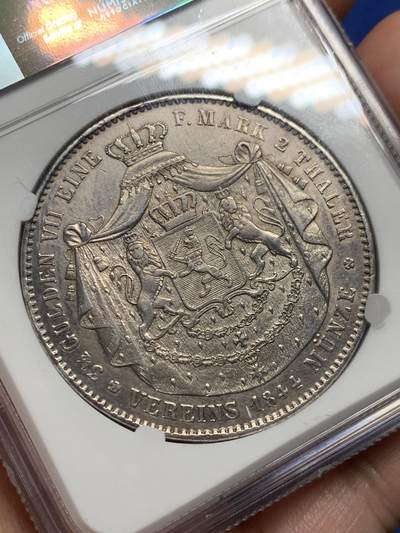 《竞宝斋》第409场 周日，周一，2场连拍 （全场包邮） NGC AU 德国 1844年 黑森达姆施塔特 2泰勒 37克大银币