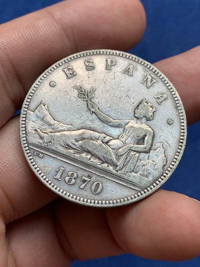 《竞宝斋》第409场 周日，周一，2场连拍 （全场包邮） 西班牙1870年坐人-拿花女神5比塞塔双柱银币 细节见图